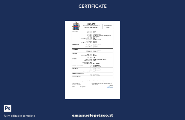 stile verificato Certificato di morte del documento di stato civile islandese Mo